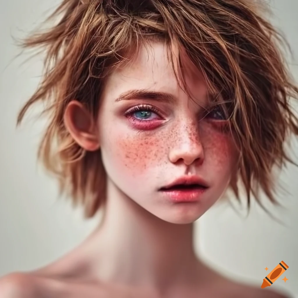 Girl with messy short brown hair and withe lock of hair, pink eyes