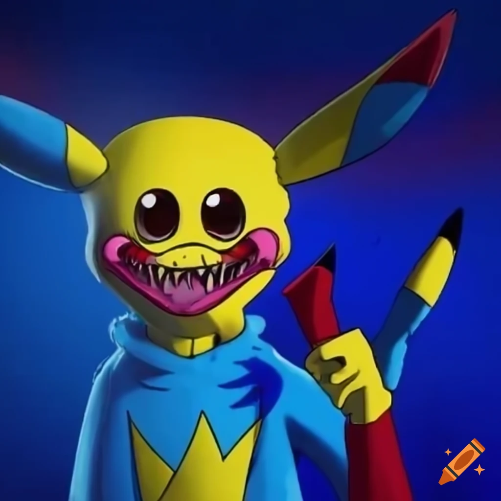 Pikachu as huggy wuggy in the style of poppy playtime