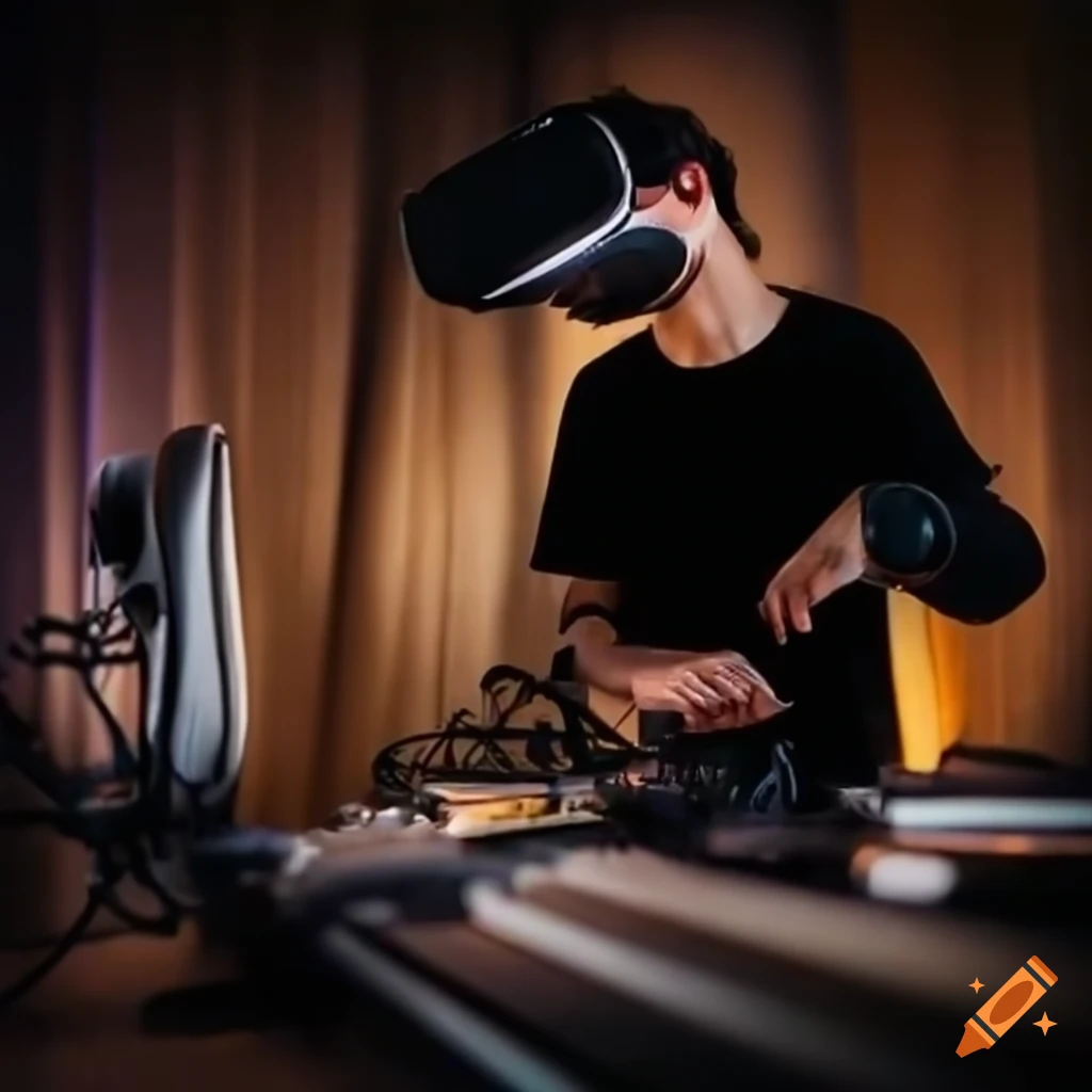 An unknown artist recording music in virtual reality studio on Craiyon