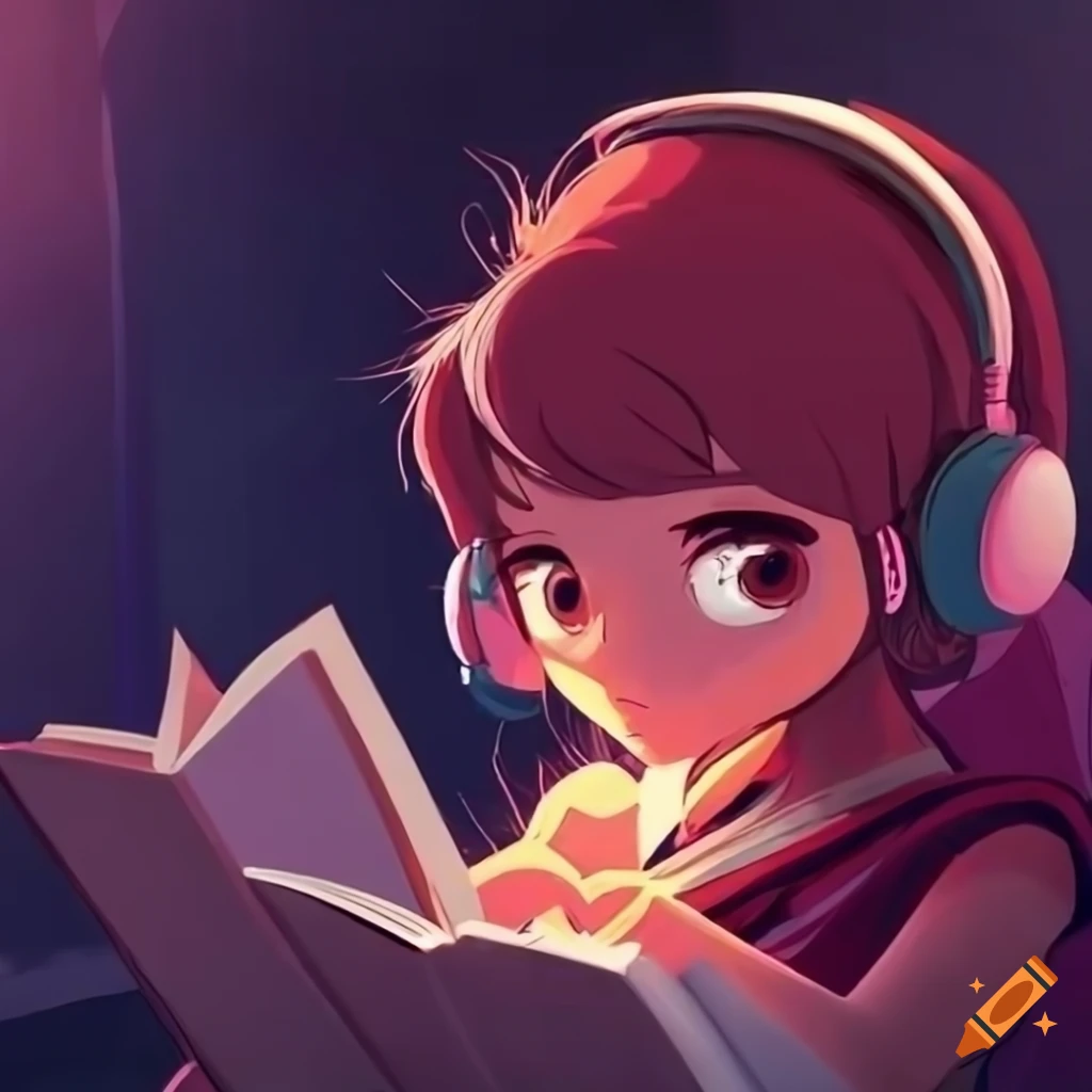 Lofi girl with headphones reading a book