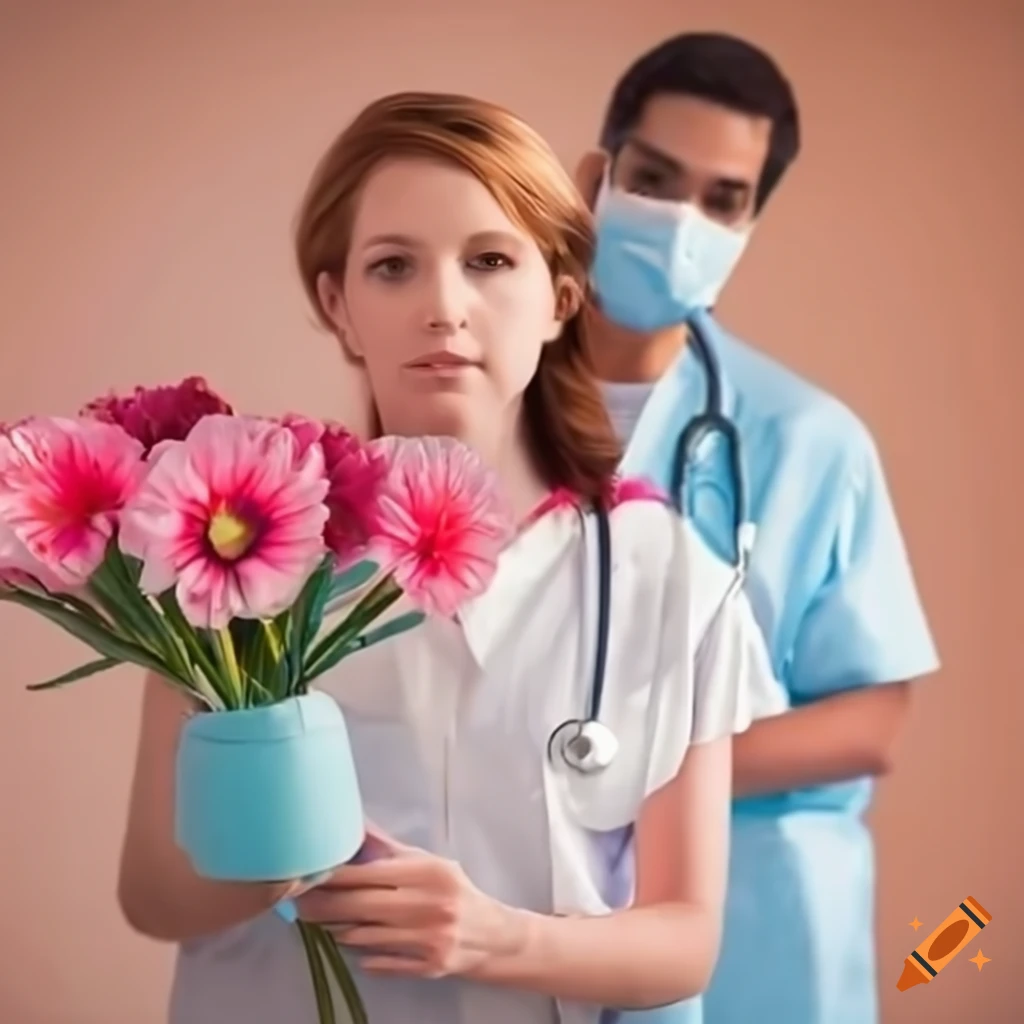 Doctor standing with a patient holding flowers in a hospital