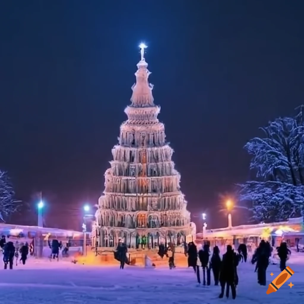 Новогодняя ель на пруду, зимний городок