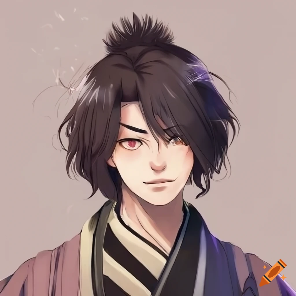 Anime guy with long black hair to the waist in a black kimono