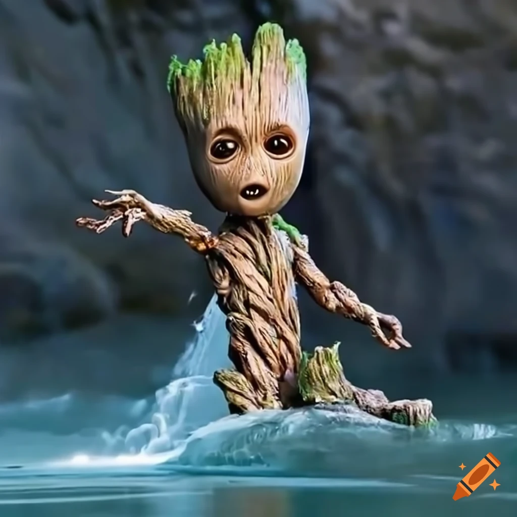 Bébé groot qui danse heureux sur l'eau devant une cascade on Craiyon