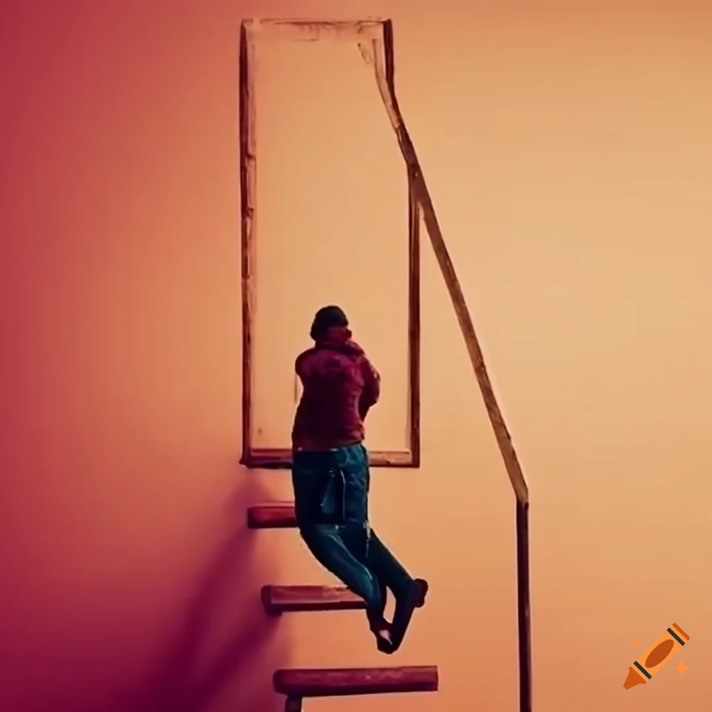 Declinde Ladder Man descending a wooden ladder on Craiyon