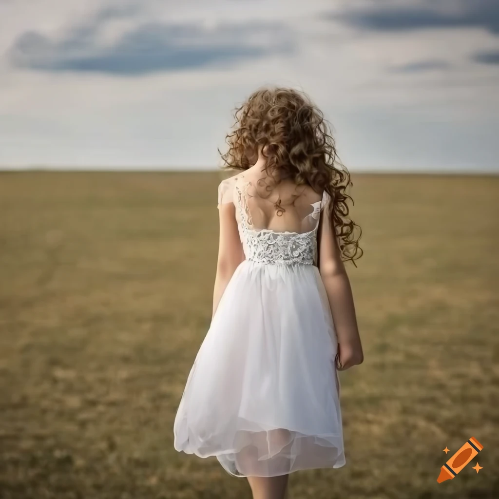 back of a girl with long curly hair wearing white dress in large field windy