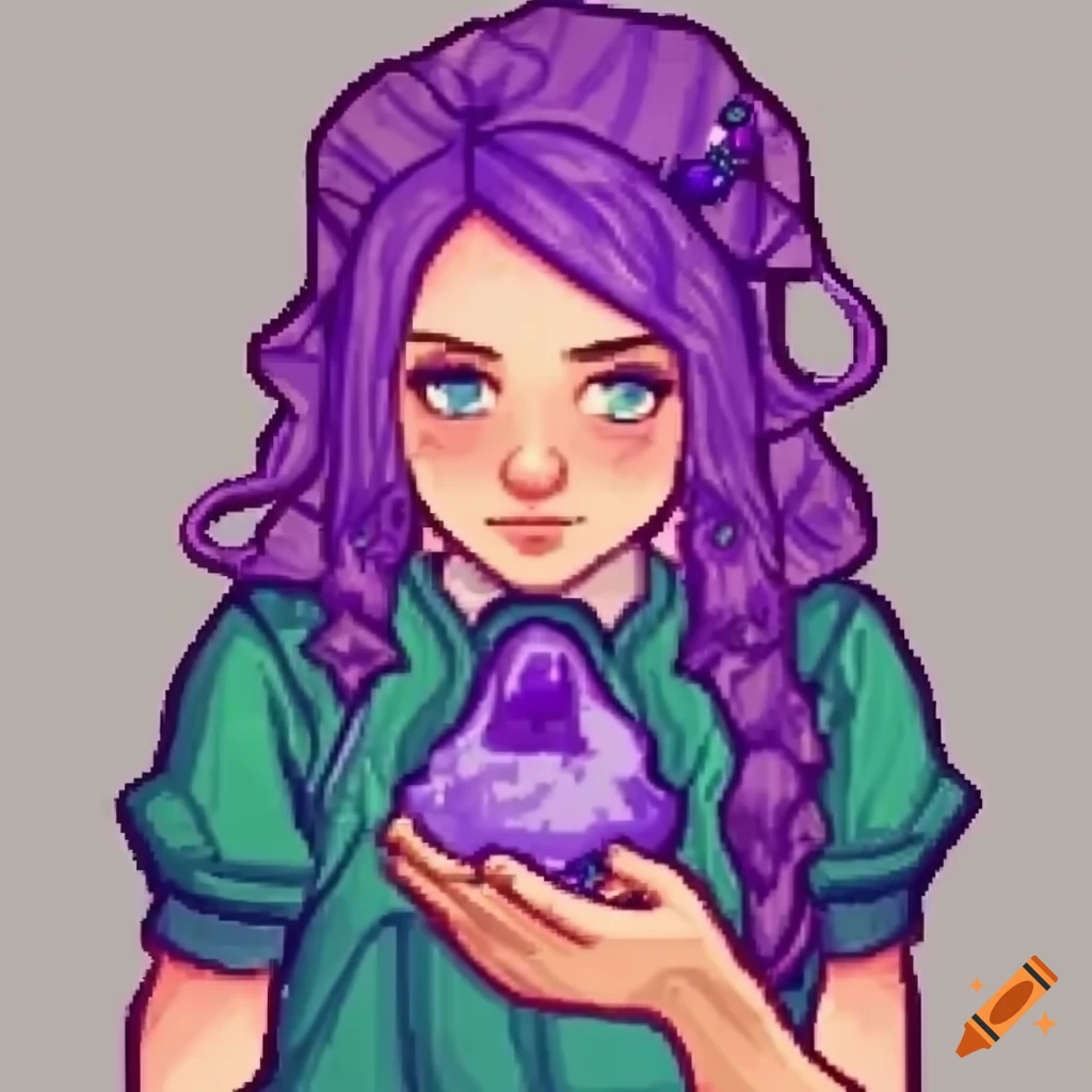 Abigail Stardew Valley Character With Purple Hair Holding An Amethyst 