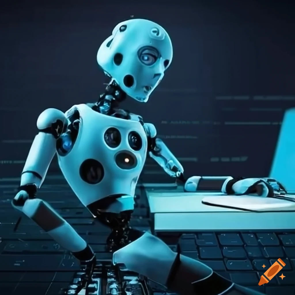 Robot writes programming code on computer