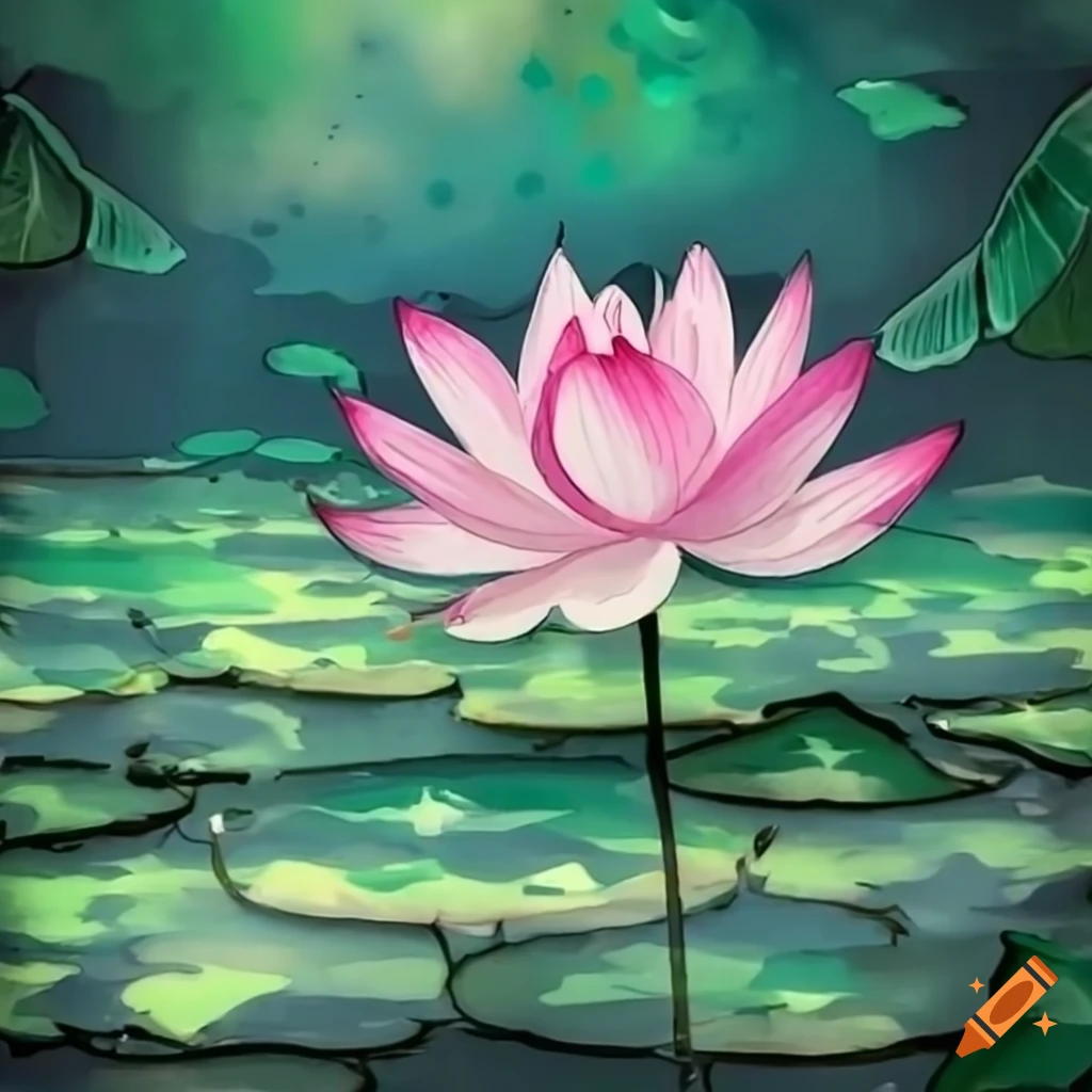 A blooming pink lotus flower in a pond with green leaves and