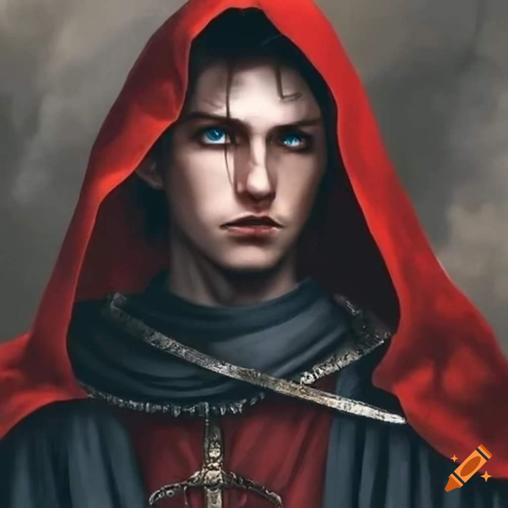 Men of the middle ages blue eyes a red cloak black hair on Craiyon