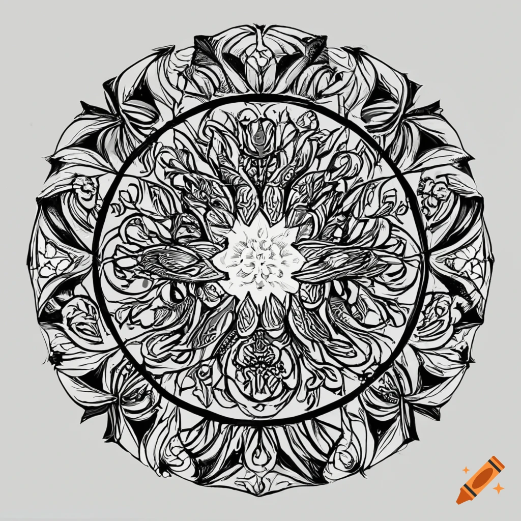 Black and white coloring page of a lotus flower plant in a circle like a  wreath with palm leaves on Craiyon