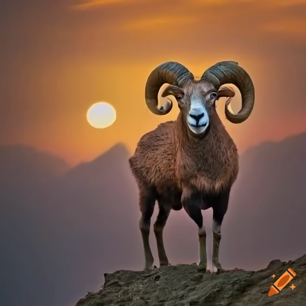 A realistic photo of a north american ram standing on a cliff, in its ...