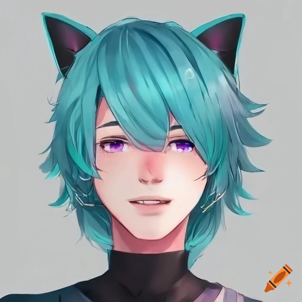 Anime-style male vtuber with cyan hair and cat ears on Craiyon