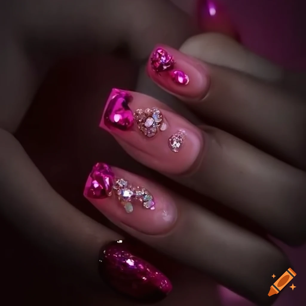 French nails with pink rhinestones on Craiyon