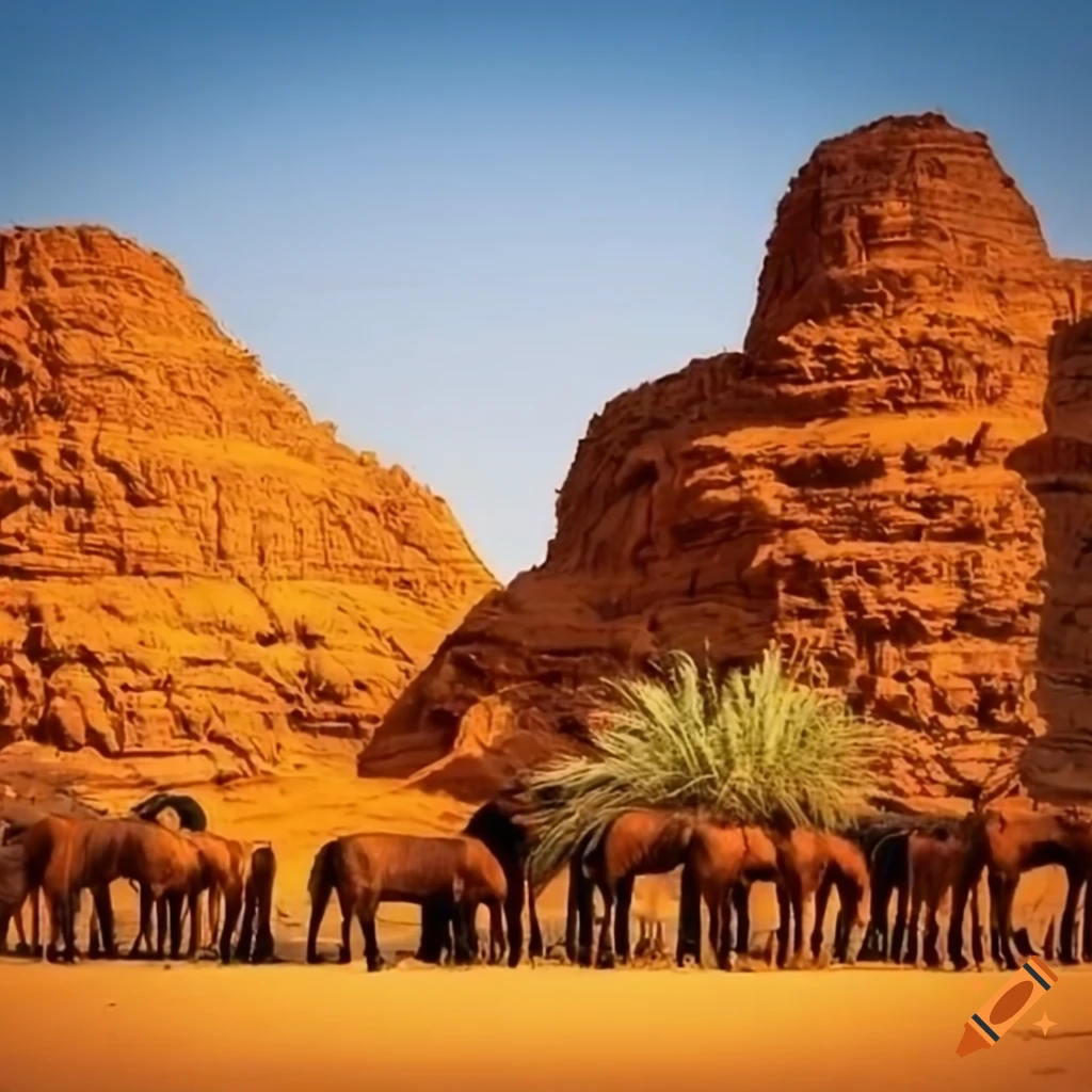 Wall art about saudi arabia palm trees horses birds on Craiyon