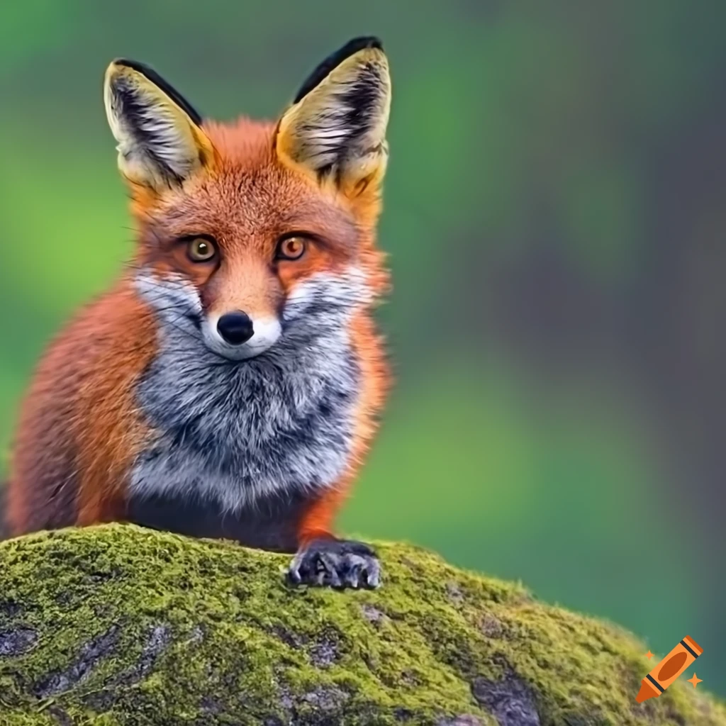 A wise-looking fox perched on a moss-covered rock, observing the world with  a knowing gaze, in high definition on Craiyon
