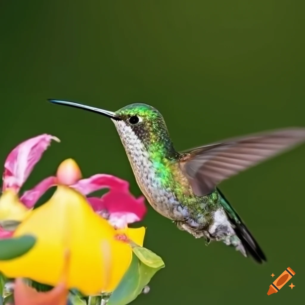 A detailed photorealistic hd image of a hummingbird drinking nectar