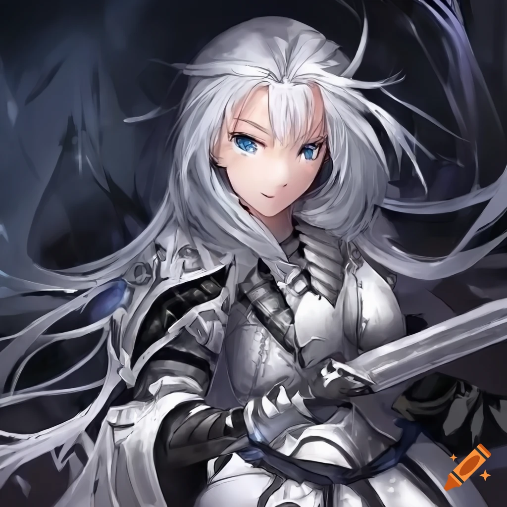 Anime Girl Warrior White Hair Blue Eyes Black Armor And Sword On Craiyon