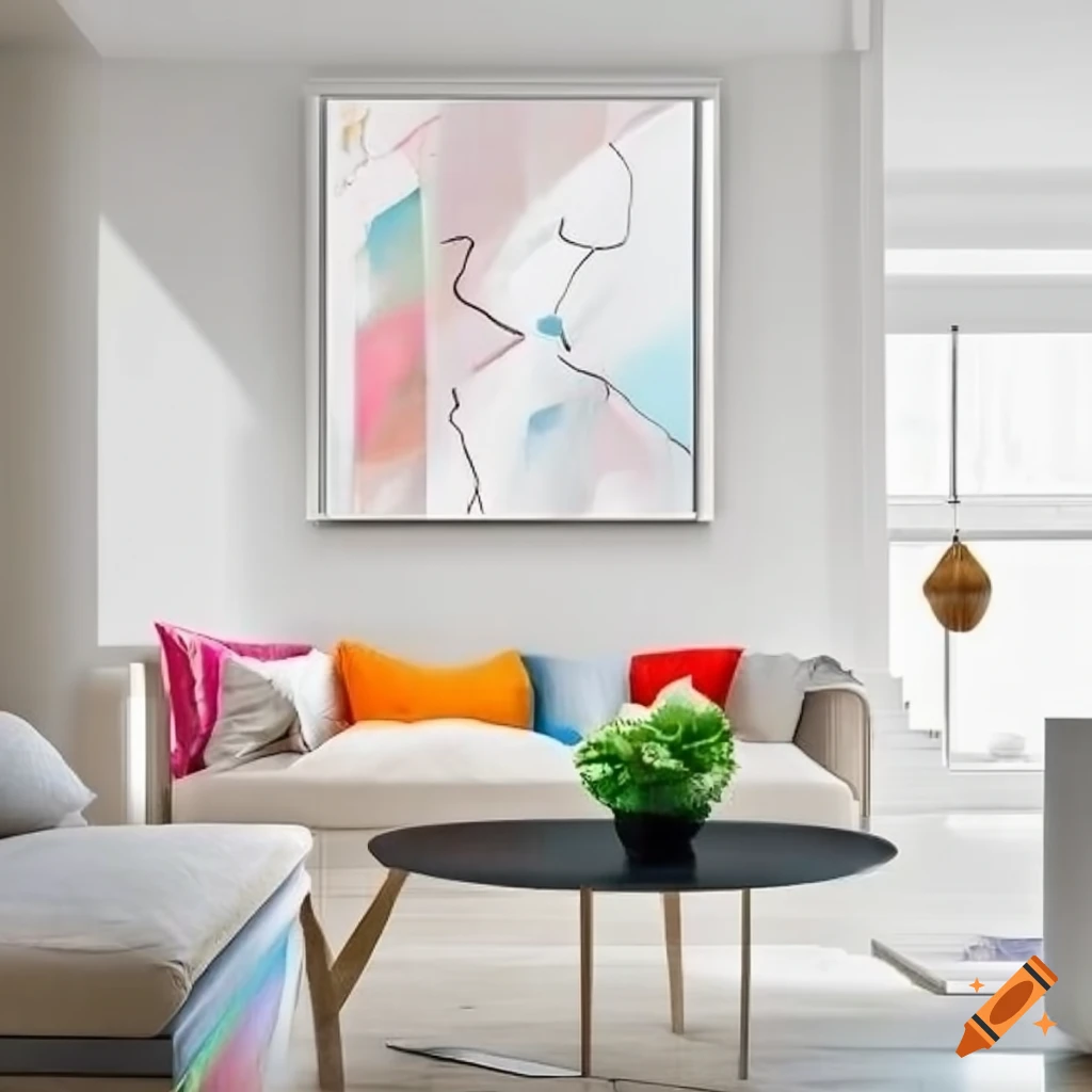 An all white tall living room interior design with bold colorful artwork