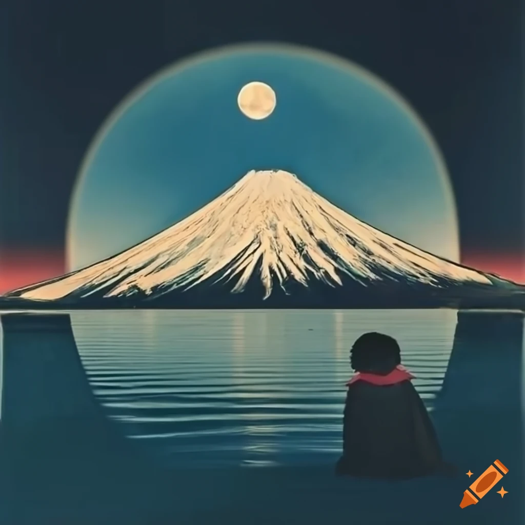 Mount Fuji with trees, a lake and a child sitting on his back in front and a moon