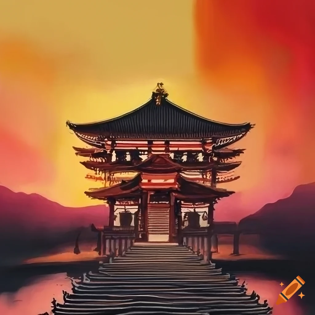 Japanese temple with rising sunset in the background, painting