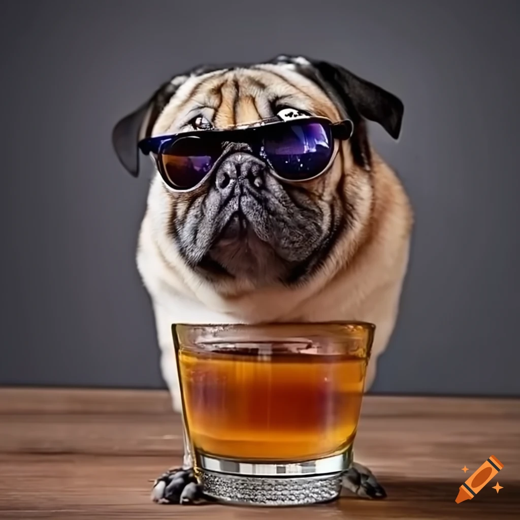 Pug dog with sunglasses next to a dark rum drink on Craiyon
