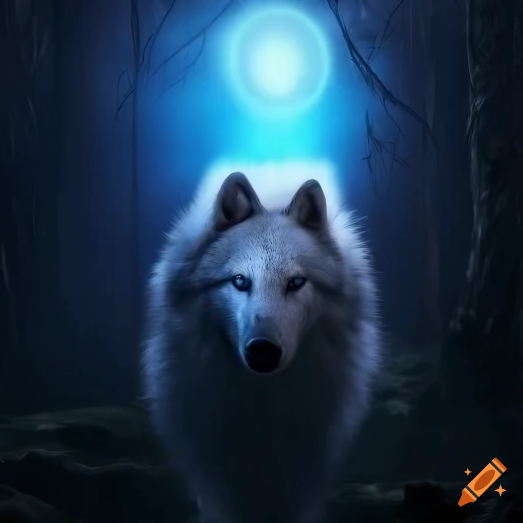 Majestic white wolf with glowing blue eyes standing in the dark forest ...