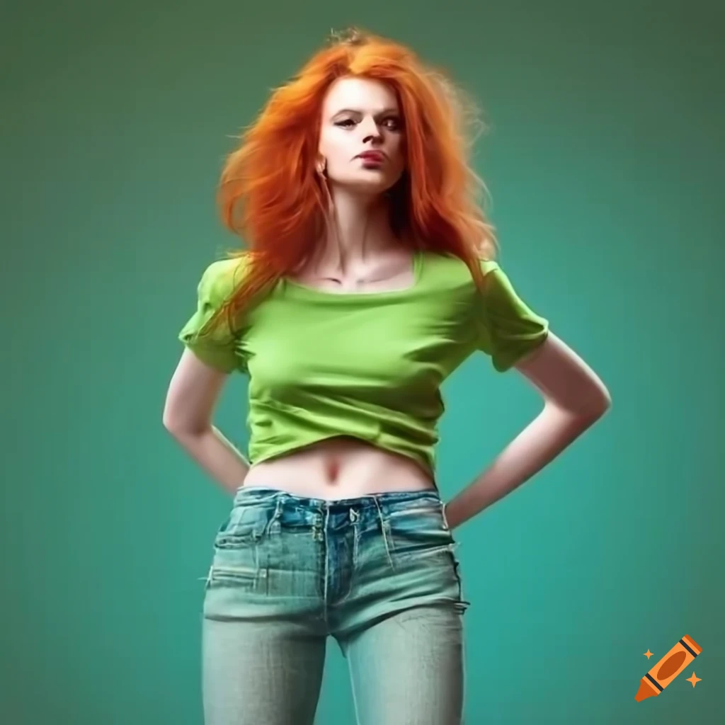 Beautiful, young, redhaired woman, wearing a green croptop and jeans