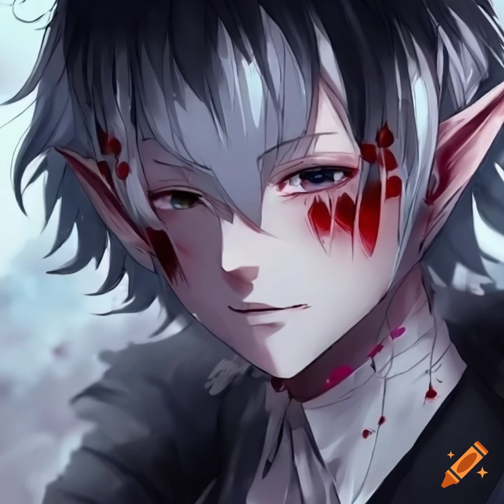 Gender: male race: elf hair: white-blueish eyes: red iris style: anime  vibe: dark, psycho references: juuzou suzuya, haise sasaki