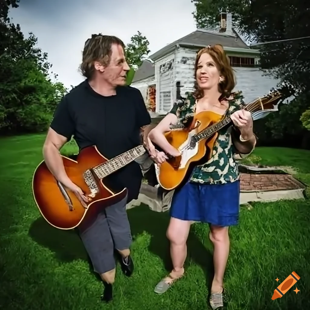 Mary sweeney and jeff burns playing guitar full body shot extra wide