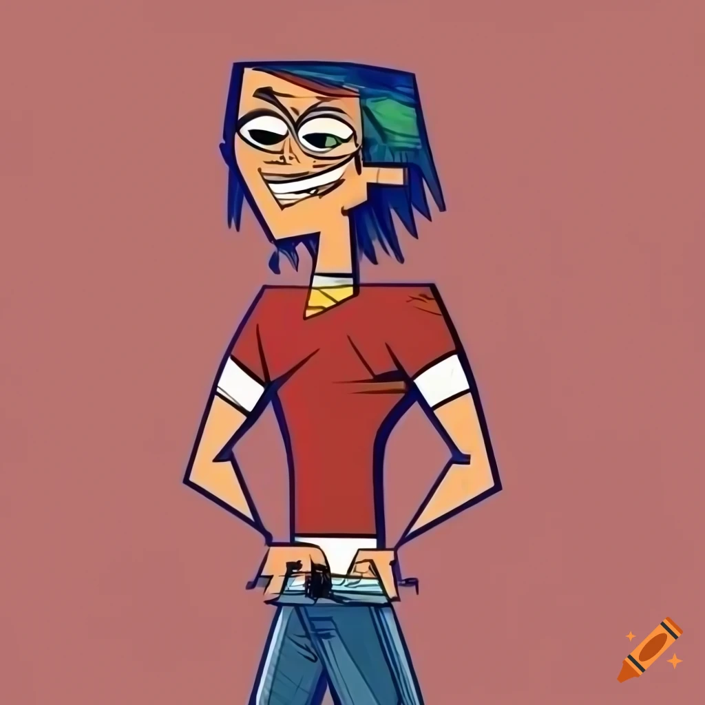 Cartoon character in the style of total drama with the following  characteristics: - man - slim - light skin color - long hair - glasses -  red t-shirt -jeans - intellectual aspect