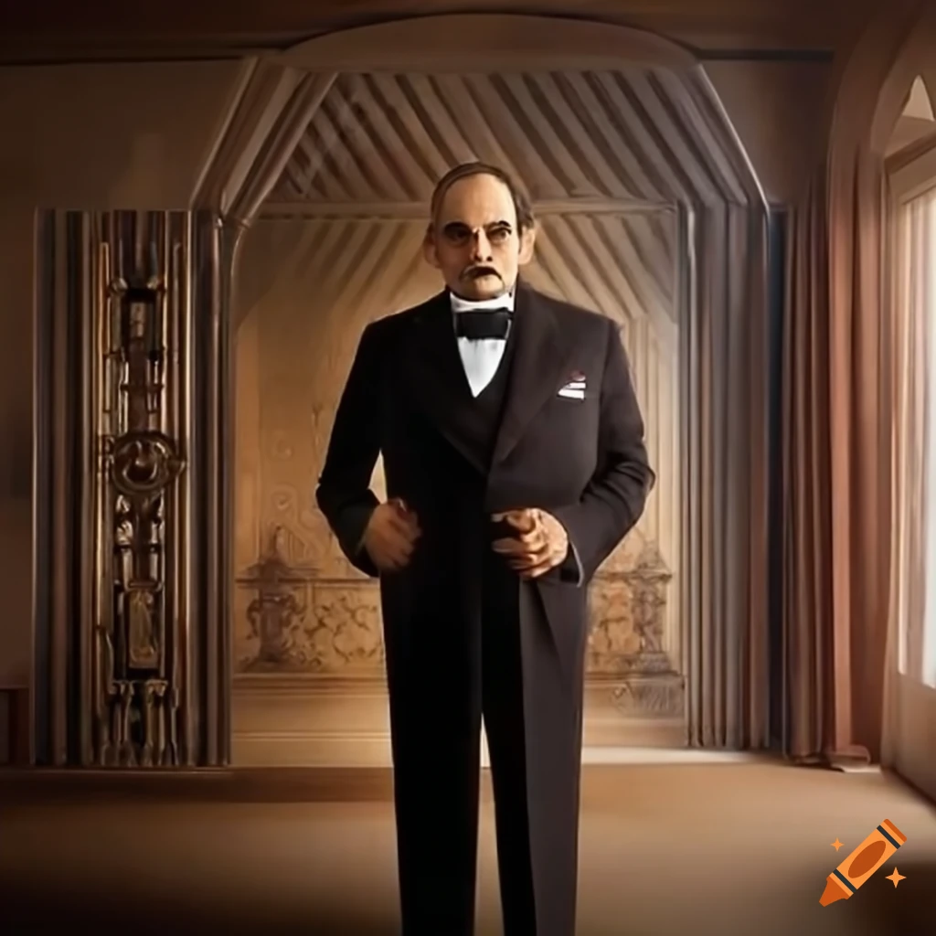 Hercule poirot standing in an art deco furnished room looking clever