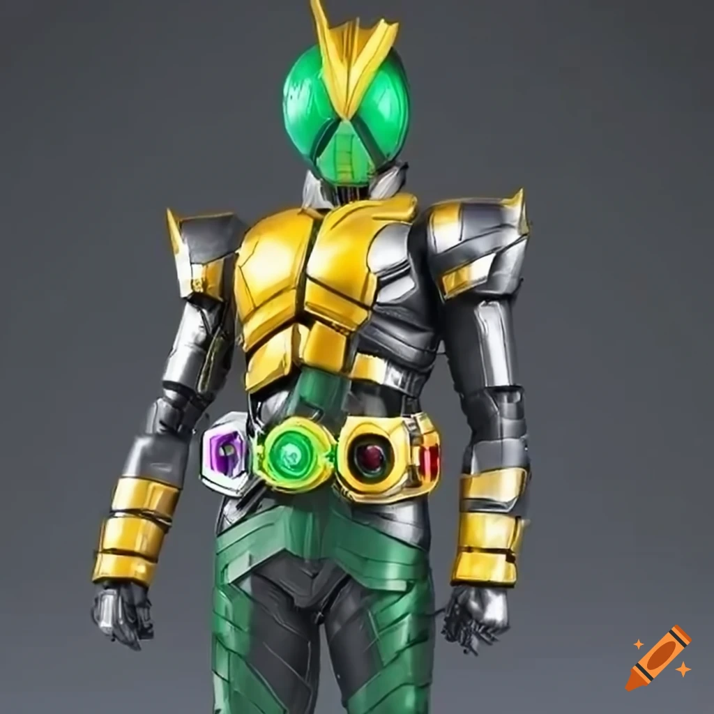 Futuristic kamen rider iron fist suit with green and yellow colour