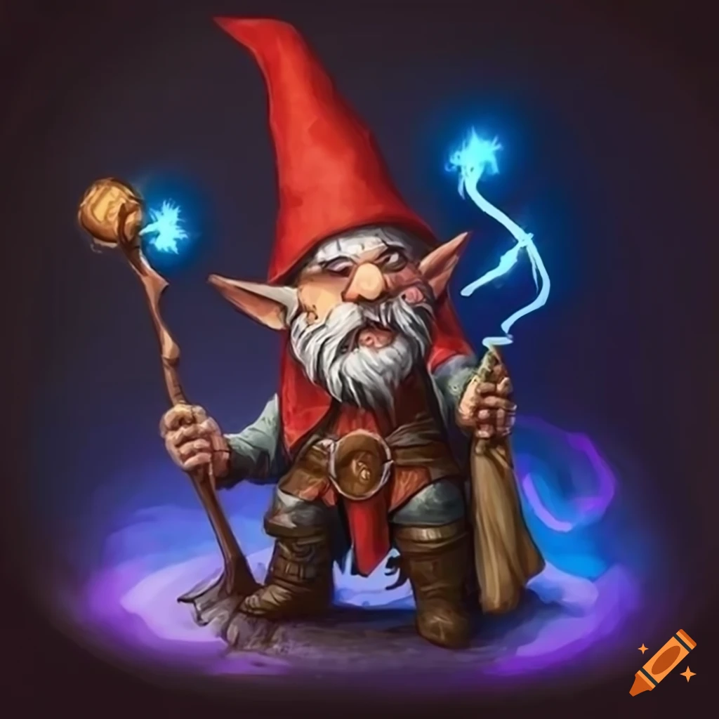 A dungeons and dragons rock gnome dressed in a wizard cloak and hat