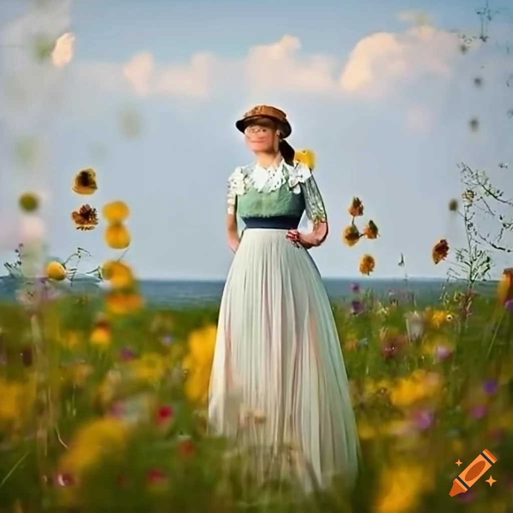In a whimsical meadow in germany, a woman adorned in a (ww1 era