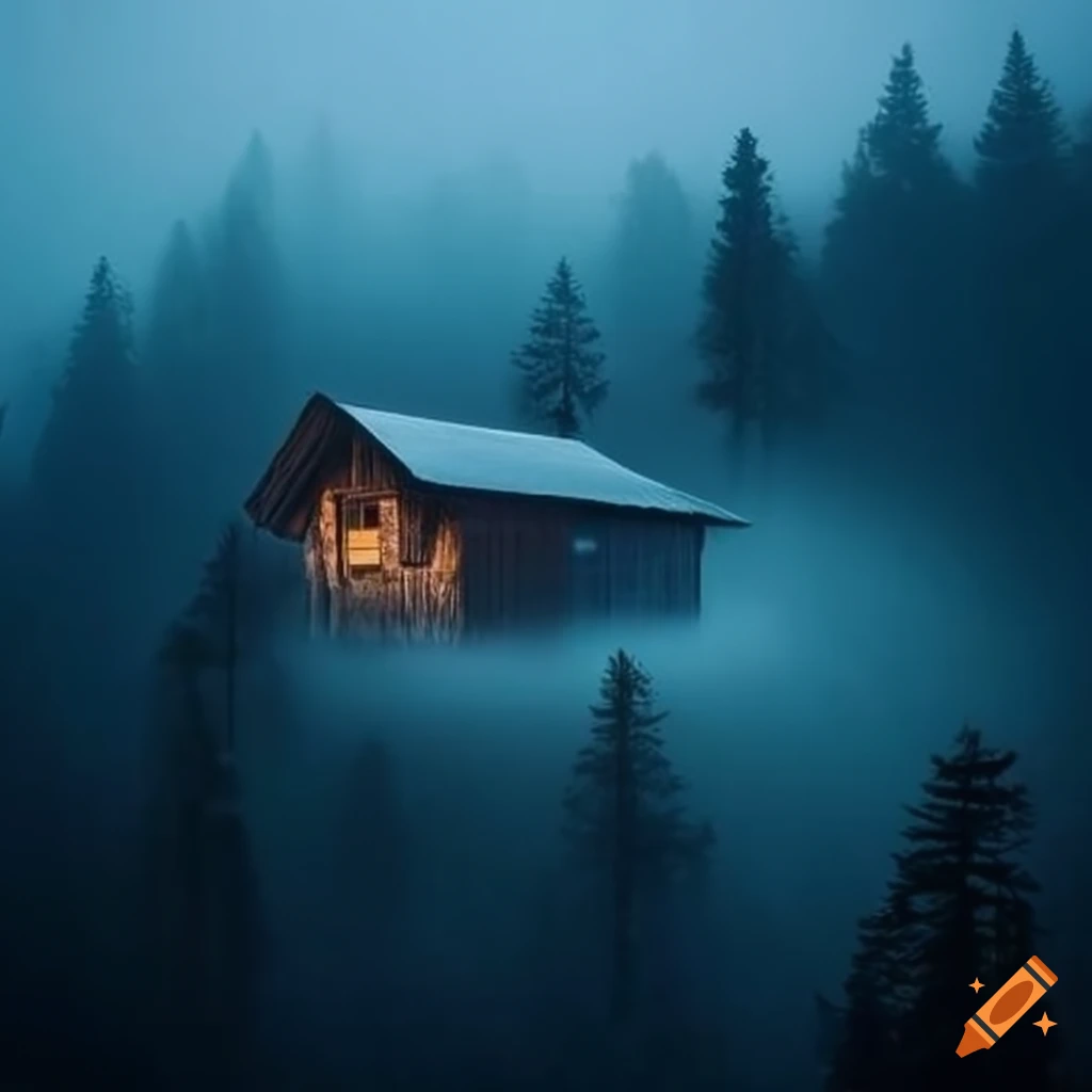 A mystical mountain house in a blanket of fog