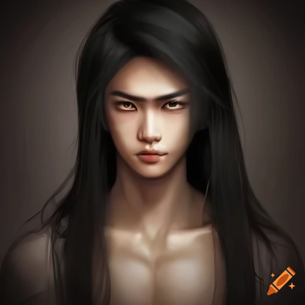 Asian man with green eyes, long black hair on Craiyon