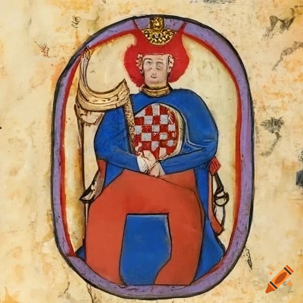 King Tomislav of Croatia holding a shield with the coat of arms of Croatia while sitting on a horse, medieval miniature art