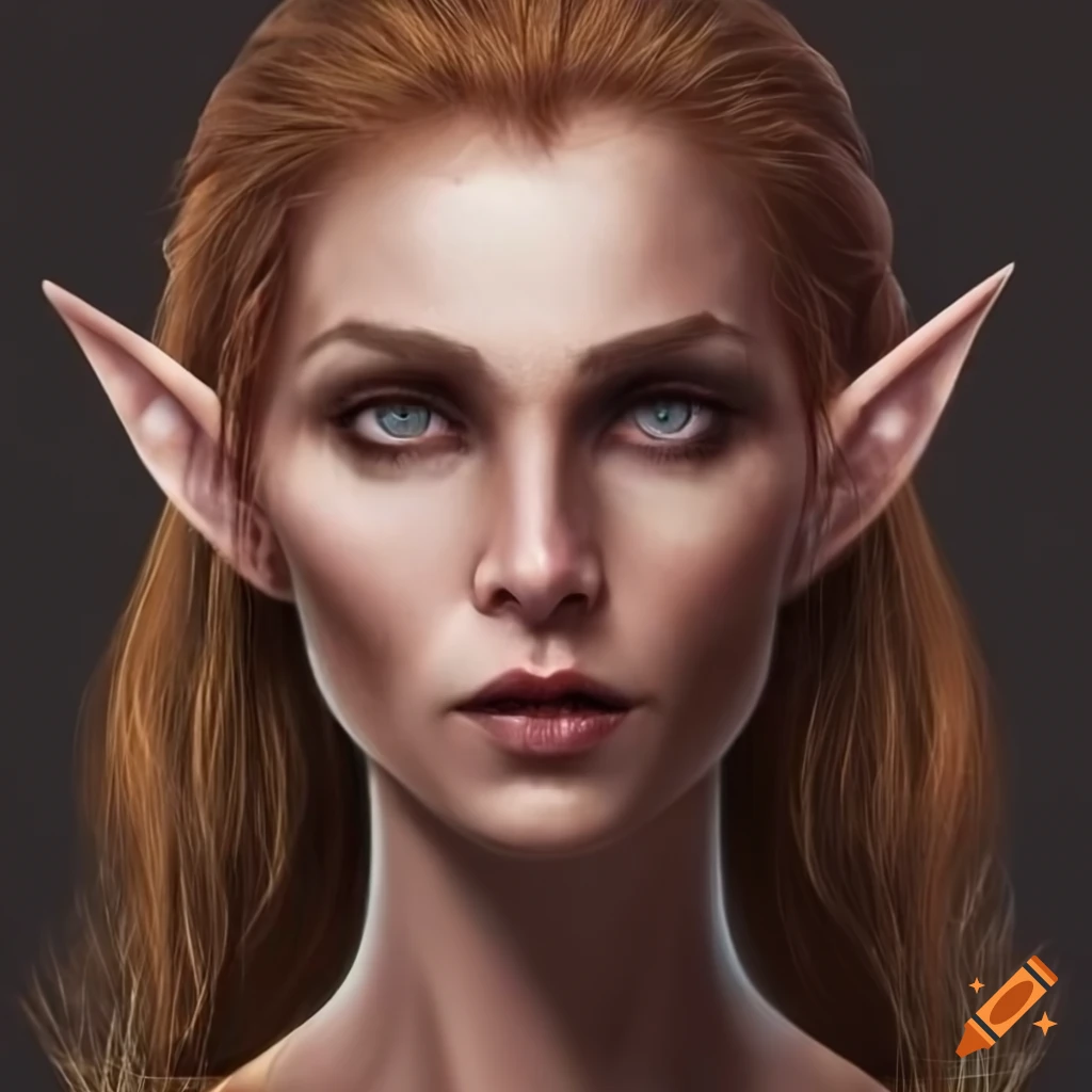 Portrait of a middle aged female elf with dark auburn hair and hazel eyes