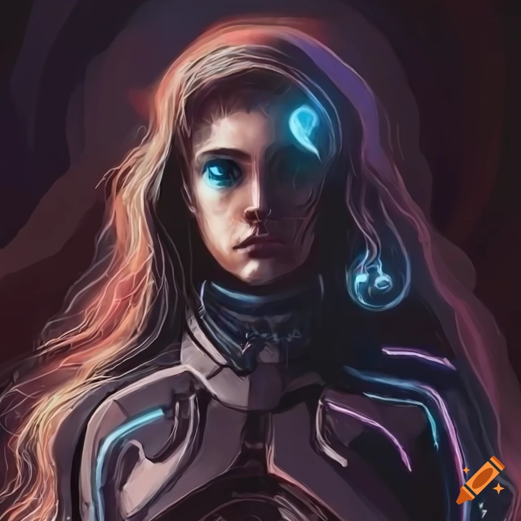 A portrait of a person in sci-fi armor scanning surrounding landscape ...