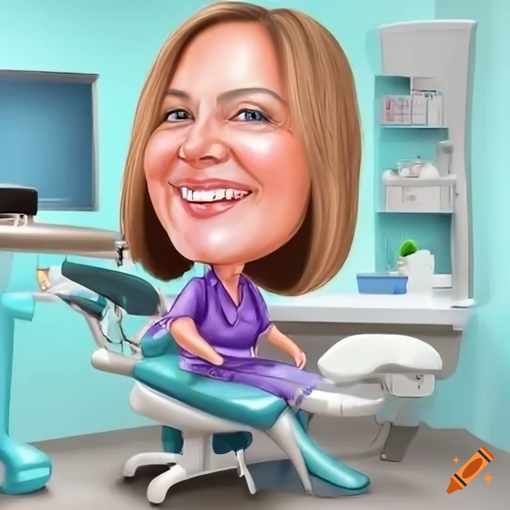 Caricature of a female dentist in front of a dental chair in the office on Craiyon