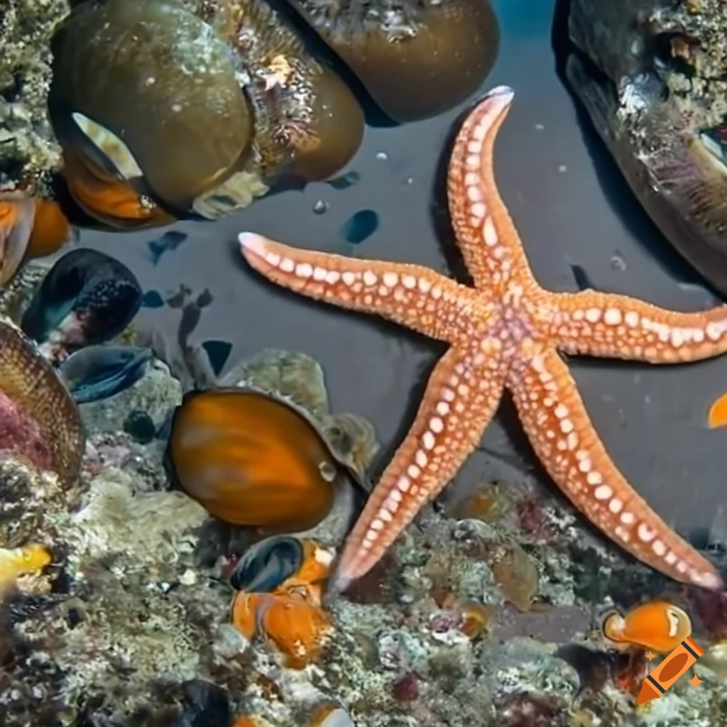 Starfish feeding on mussels in the ocean