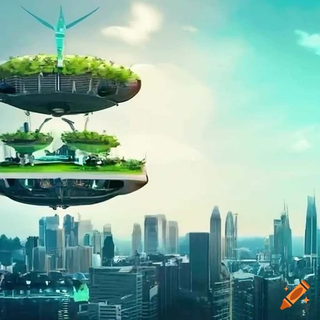 Futuristic cityscape where elevated green walkways connect ecofriendly