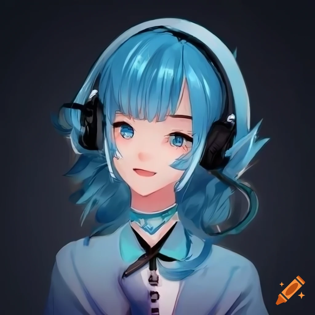 Vtuber blue haired gamer girl with normal headset on Craiyon