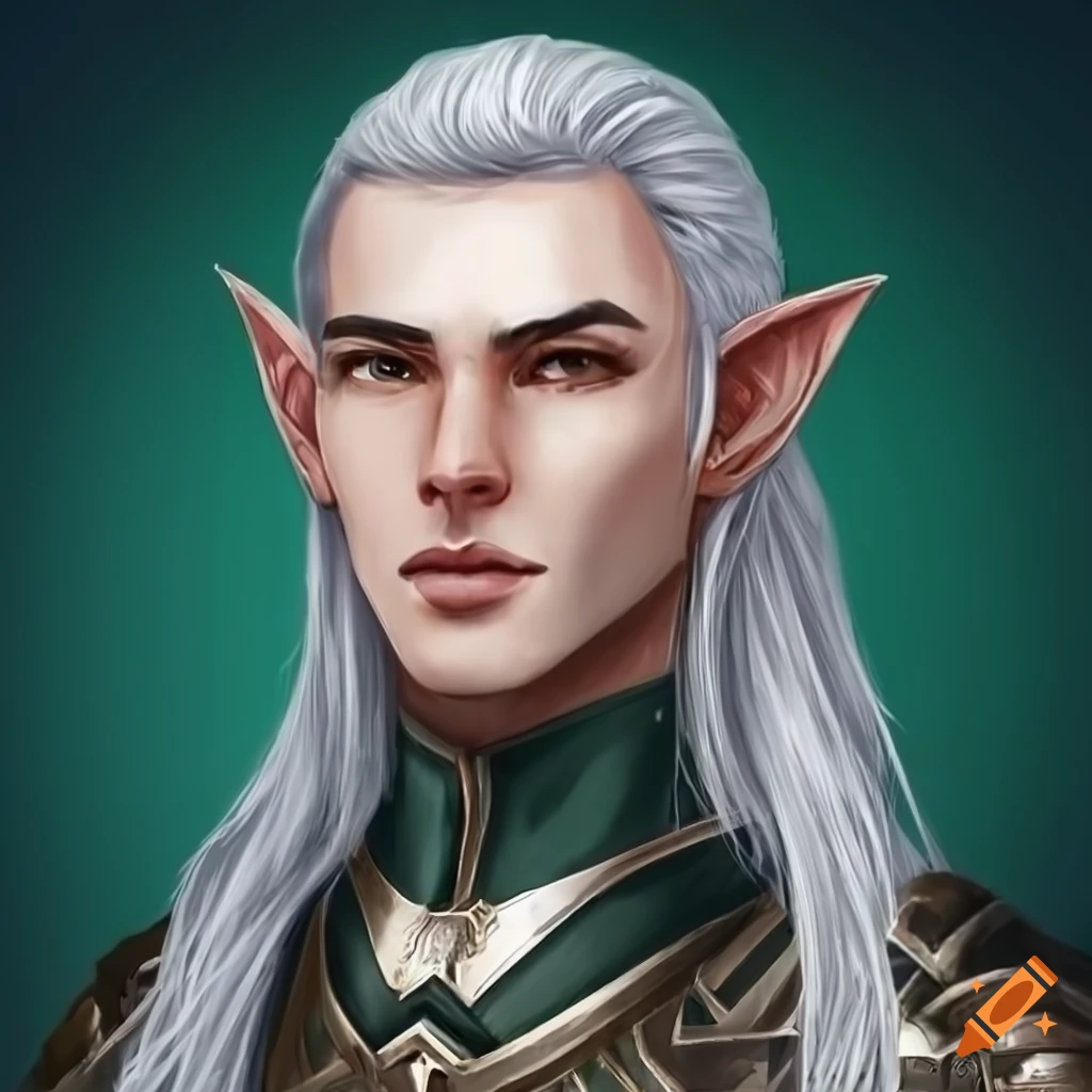 Elf, male, clear eyes, leather armour, long silver hair, perfect ...