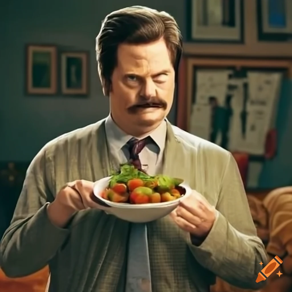 Ron swanson looks at salads on Craiyon