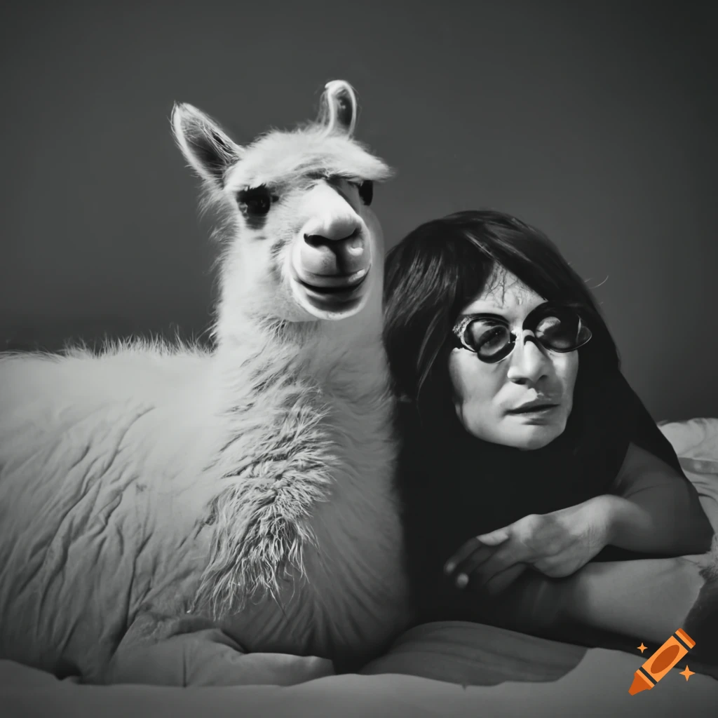 A black and white image of a llama lying in bed next to a construction ...