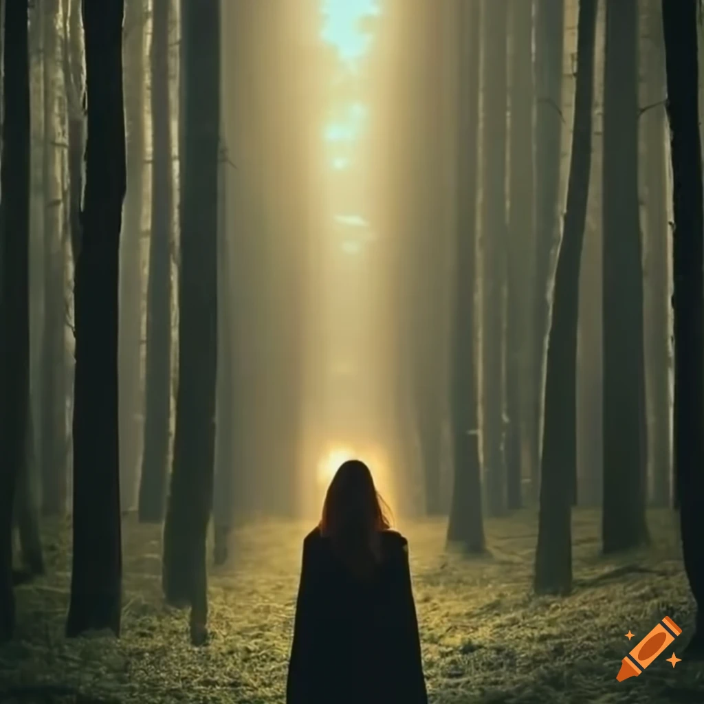 A woman standing in a dark forest with golden light coming from the sky ...