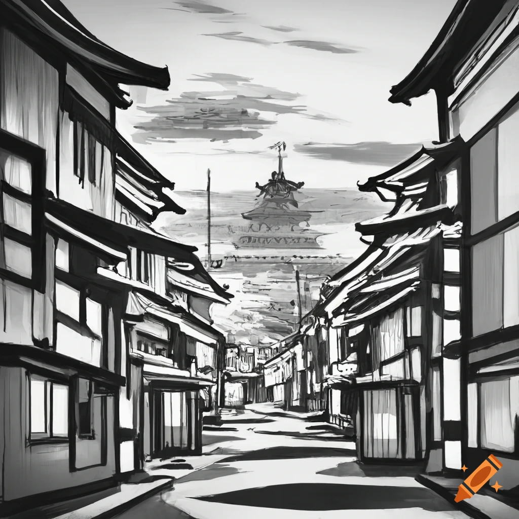 Japanese-style city, pencil, black and white