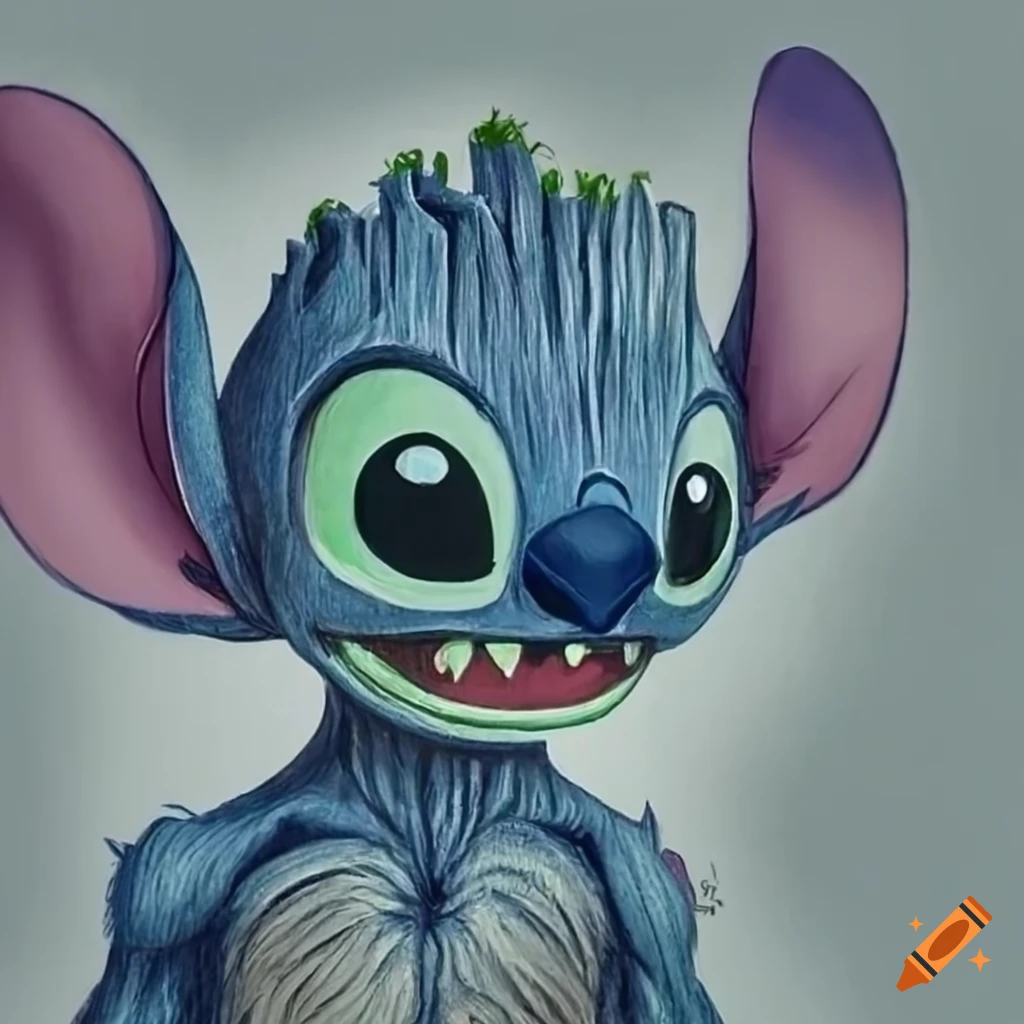 Baby groot and stitch, detailed, realistic, wooden, blue, cute, adorable,  smile, grin, happy, shading, lighting, shadowing, glare, disney, marvel, i  am groot on Craiyon